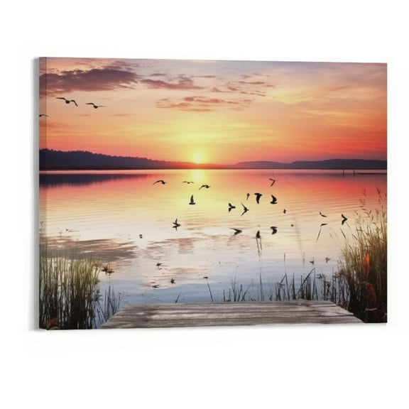 Shiartex Canvas Wall Art Lake Dock Sunset Scenery With Flying Birds Picture Long Canvas Artwork Contemporary Nature Pictures Prints for Home Office Wall Decor - 20x16in