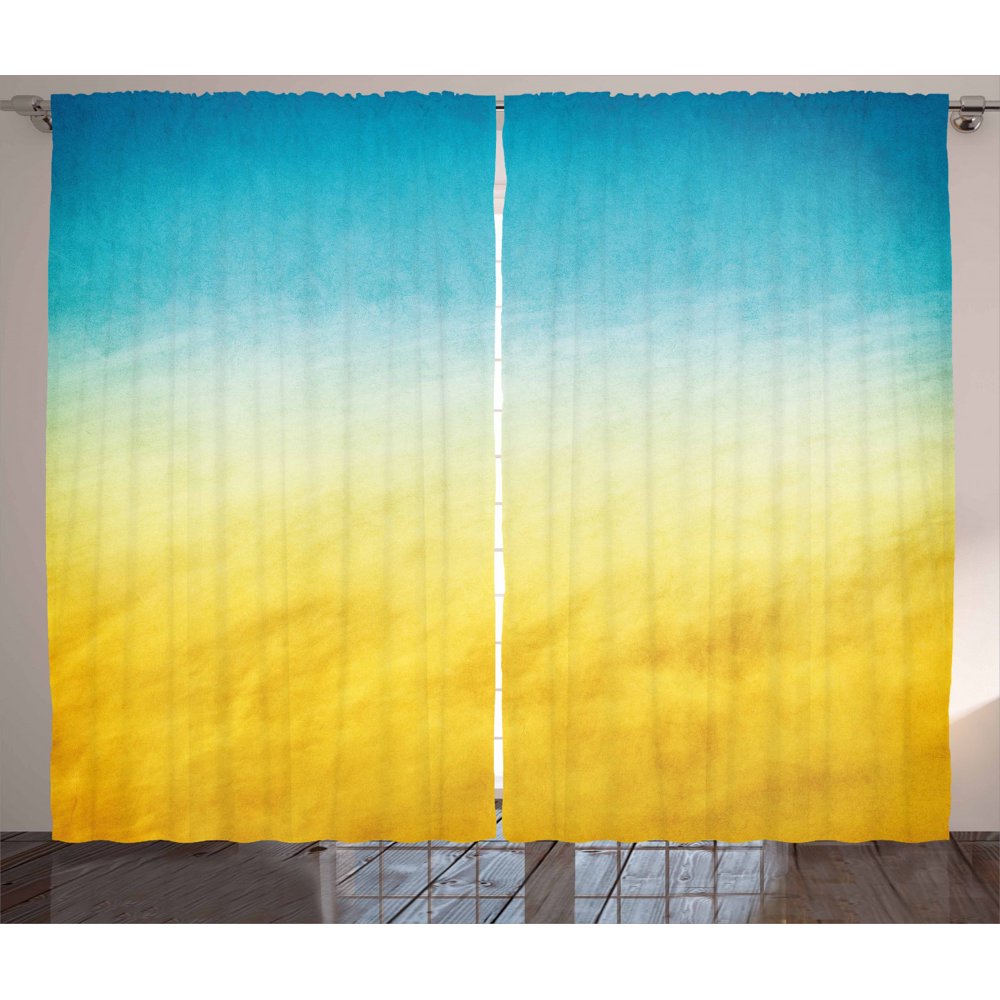 Yellow and Blue Curtains 2 Panels Set, Surf Waves Ocean Beach Exotic