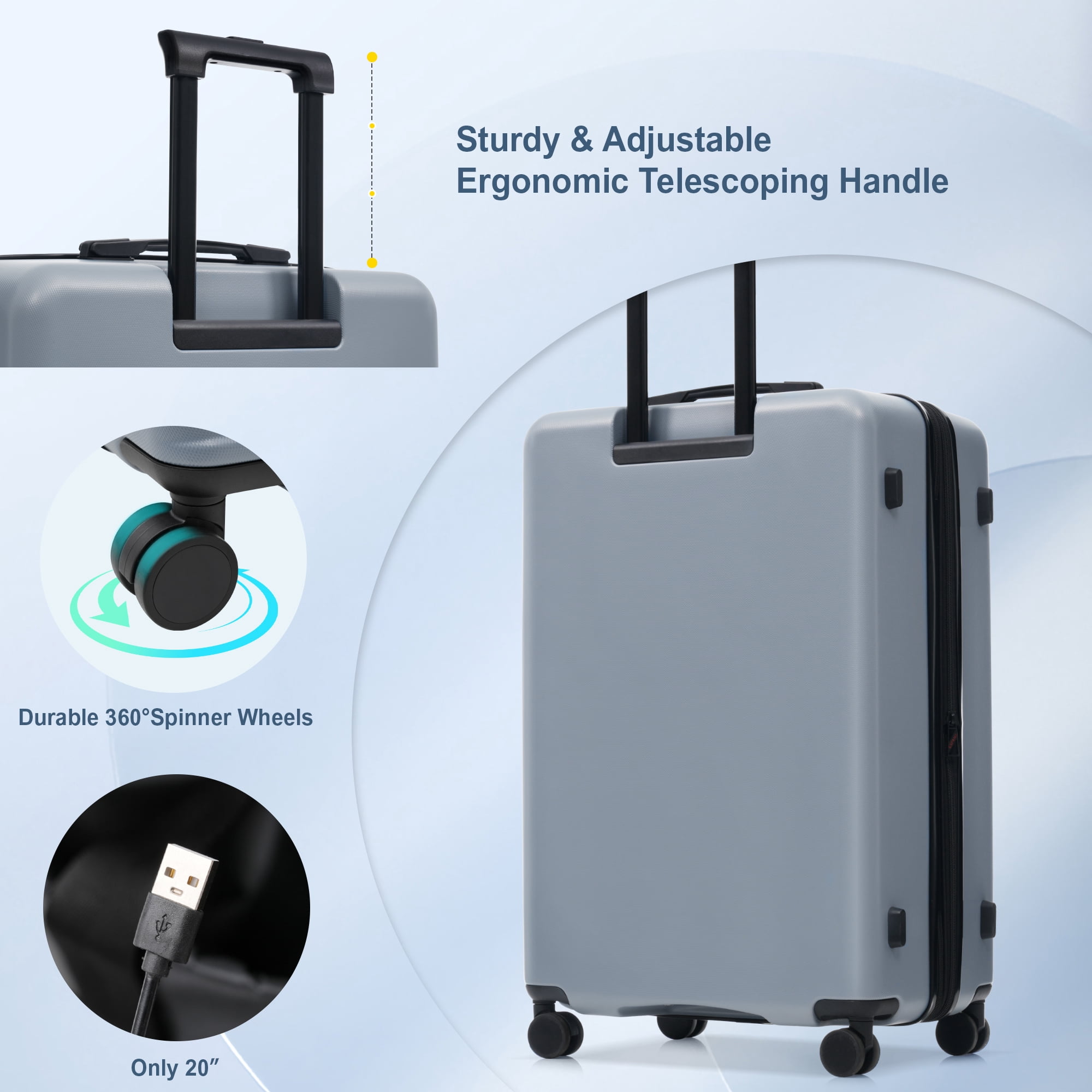 Luggage Sets 5 Piece with Front Opening, Hardside Expandable Carry On Suitcase Set with Double Spinner Wheel, Lightweight Travel Luggage with USB Port, TSA Locks(20"24"28")