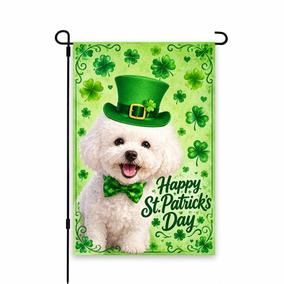Garden Flag 12x18 Inch St. Patrick's Day Decor, Green Shamrocks & Happy Dog with Hat, Outdoor Yard, Lawn, Patio, Porch Decoration, Festive Holiday Theme