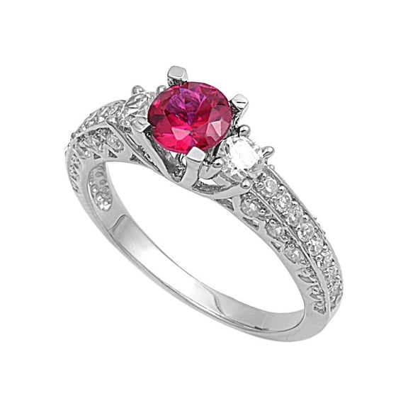 Round Center Simulated Ruby Cubic Zirconia Ring Sterling Silver 925 Size 7