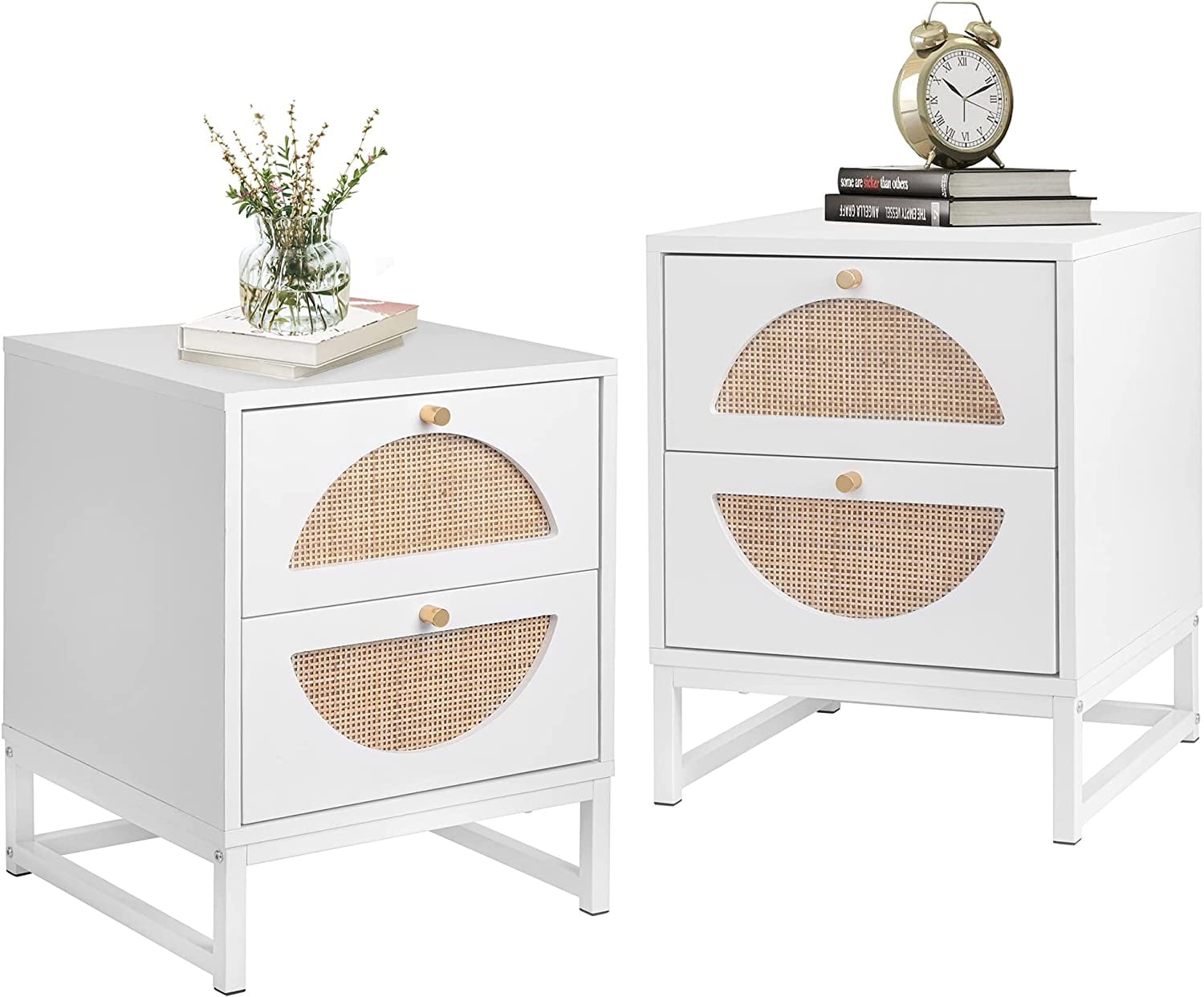 Sumdeal Modern Nightstand with Handmade Natural Rattan 2 Drawers Set of