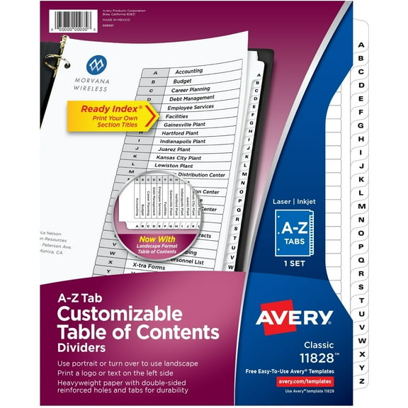 Avery Ready Index A-Z 26 Tab Dividers, Customizable TOC, 1 Set (11828)