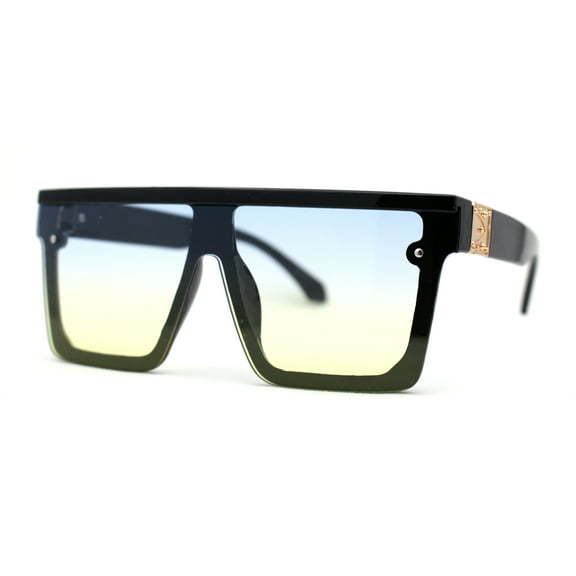 Mobster Flat Top Shield Horn Rimless Plastic Sunglasses Black Blue Yellow