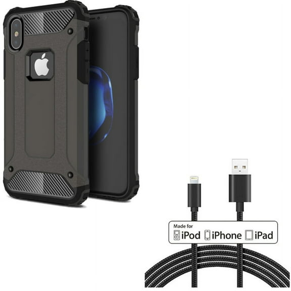 Case w MFi USB Cable for iPhone XS/X - Hybrid Slim Fit Cover Reinforced Bumper Shock Absorbent, 6ft Certified Charger Cord Power Wire for iPhone XS/X