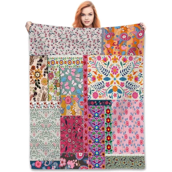 Patchwork Floral Blanket, Boho Vintage Flower Bohemian Colorful Retro Pattern Stitching Bohemian Fleece Fuzzy Fannel Throw Blankets for Sofa Bed Chair Couch Bedroom Living Room Gifts, 30"x40" Inch