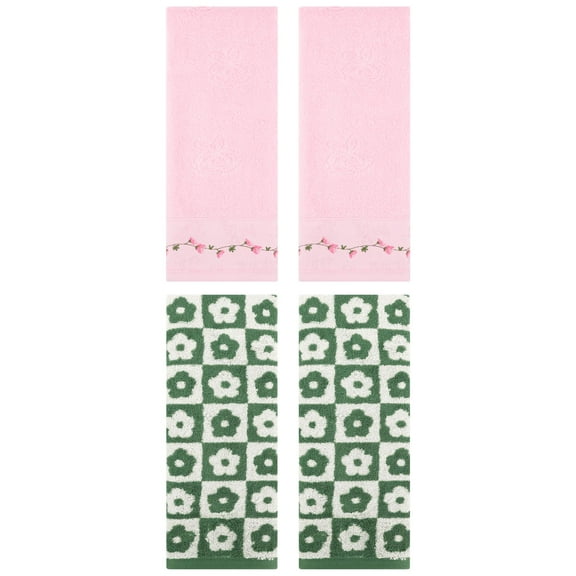 Unique Bargains 4 Pcs Cute Floral Hand Towel Green/Pink 14" x 30"/13" x 29"