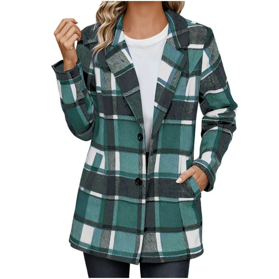 RQYYD Women Plaid Shacket Jacket Trendy Fall Casual Button Tartan Trench Coat Winter Clothing with Pockets