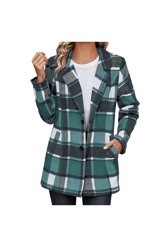 Women's Notch Lapel Plaid Pea Coat Single Breasted Wool Blend Long Jacket Casual Fashion Fall Winter Overcoat with Pocket