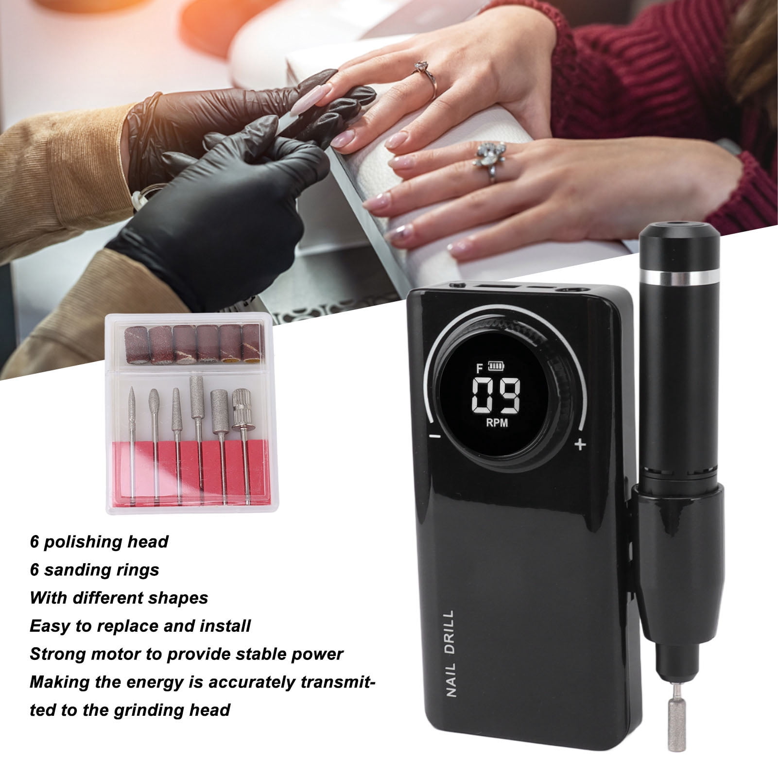 Rupoun Electric Nail Drill Machine 35000RPM Rechargeable Efile Nail Polishing Grinding Equipment with LED Display Portable Professional Salon Set Black (8.27 inches / 21 cm)