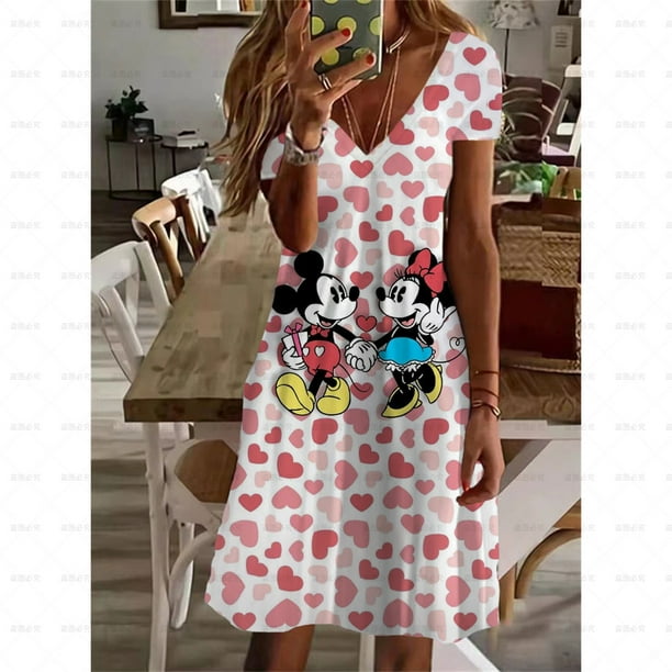 Vestido de Disney Minnie Mickey Mouse para mujer moda para mujer vestidos casuales con estampado floral elegante cuello en V suelto corte A vestido de playa bohemio Bodega Aurrera en linea