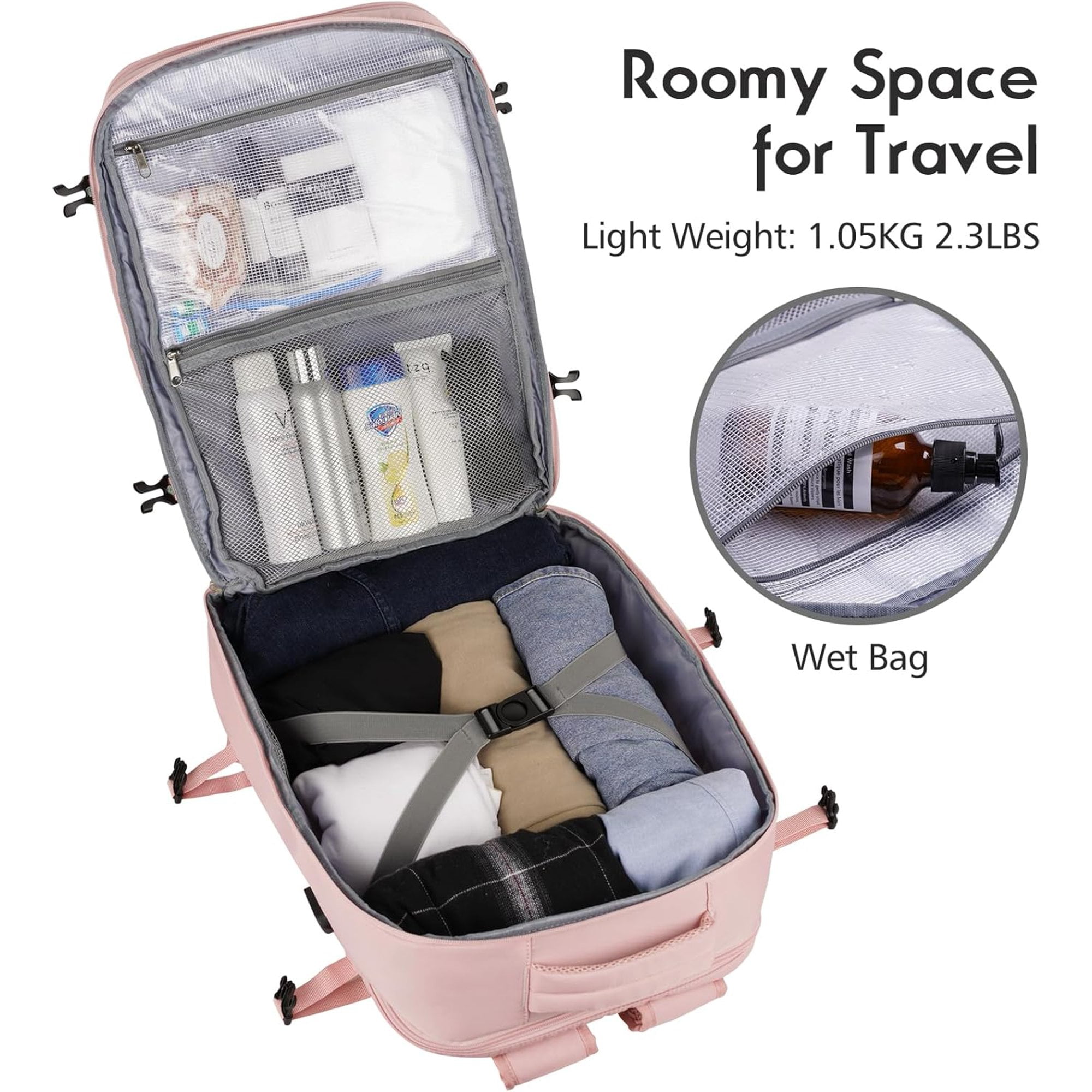 Travel Backpack For Women And Men, 40L Flight Approved Carry On Bag, Water Resistant Large Casual Daypack Fit 17 Inch Laptop with USB Charging Port, The Best Gift Choice, Pink