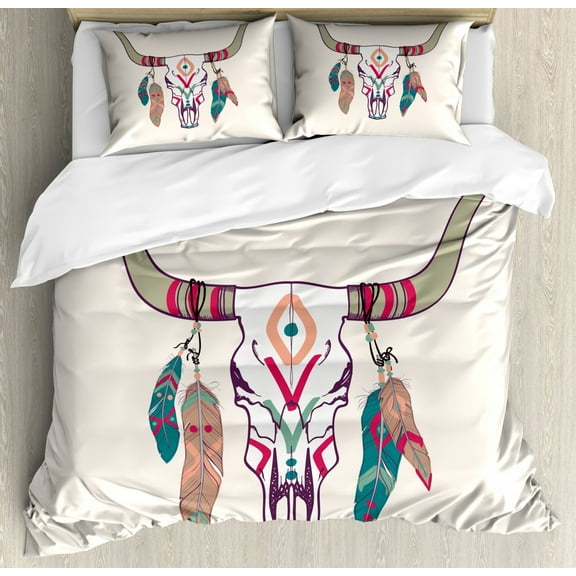 Tribal Queen Size Duvet Cover Set, Texas Longhorn Steer Cow Skull Ethnic Style Aztec Colorful Feathers Hanging on Horns, Decorative 3 Piece Bedding Set with 2 Pillow Shams, Multicolor, by Ambesonne