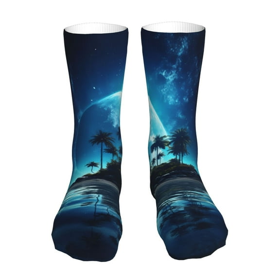 Bingfone Hawaiian Beach Pirate Moon Prirnt Women's Men's Fun Pattern and Solid Crew Socks-1 Pair Pack-Cool & Classic Novelty Design Gifts