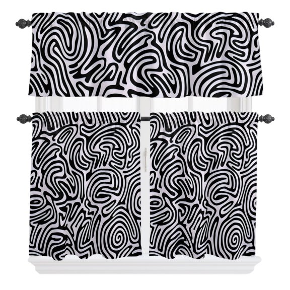 3 Pieces Kitchen Curtains and Valances Set Tier Curtains Black Swirling Lines Short Curtain Rod Pocket Window Curtain Panels Abstract Curves Waves (Single Panel 54"x18",2 Tiers 24"x36")