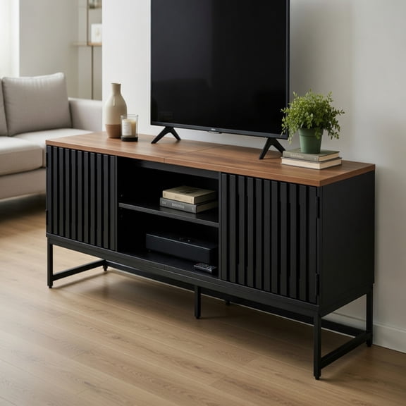 Topcobe 63 Inch Mid Century Modern TV Stand with Slatted Grille Striped Doors, TV Console Table with Storage, Entertainment Center for Living Room Bedroom