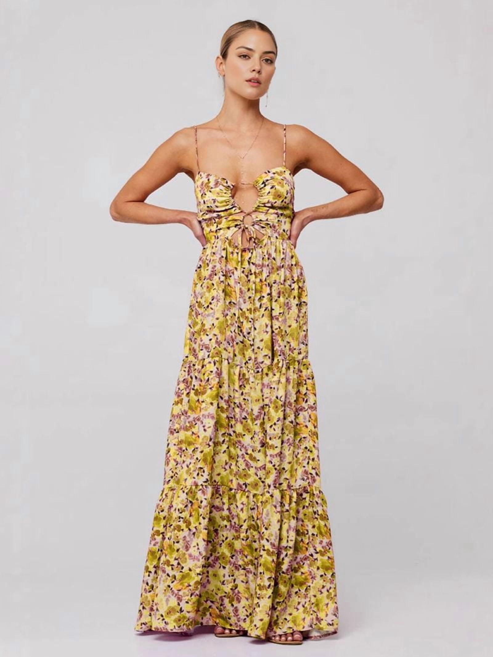 Summer Floral Women Spaghetti Straps Hollow Out Tie Front Maxi Dress Flowy Smocked - Dress Yellow-Green L