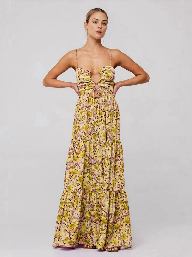 lulus olive green maxi dress Green and Yellow Floral Maxi Dress with Criss Cross Back main image 0