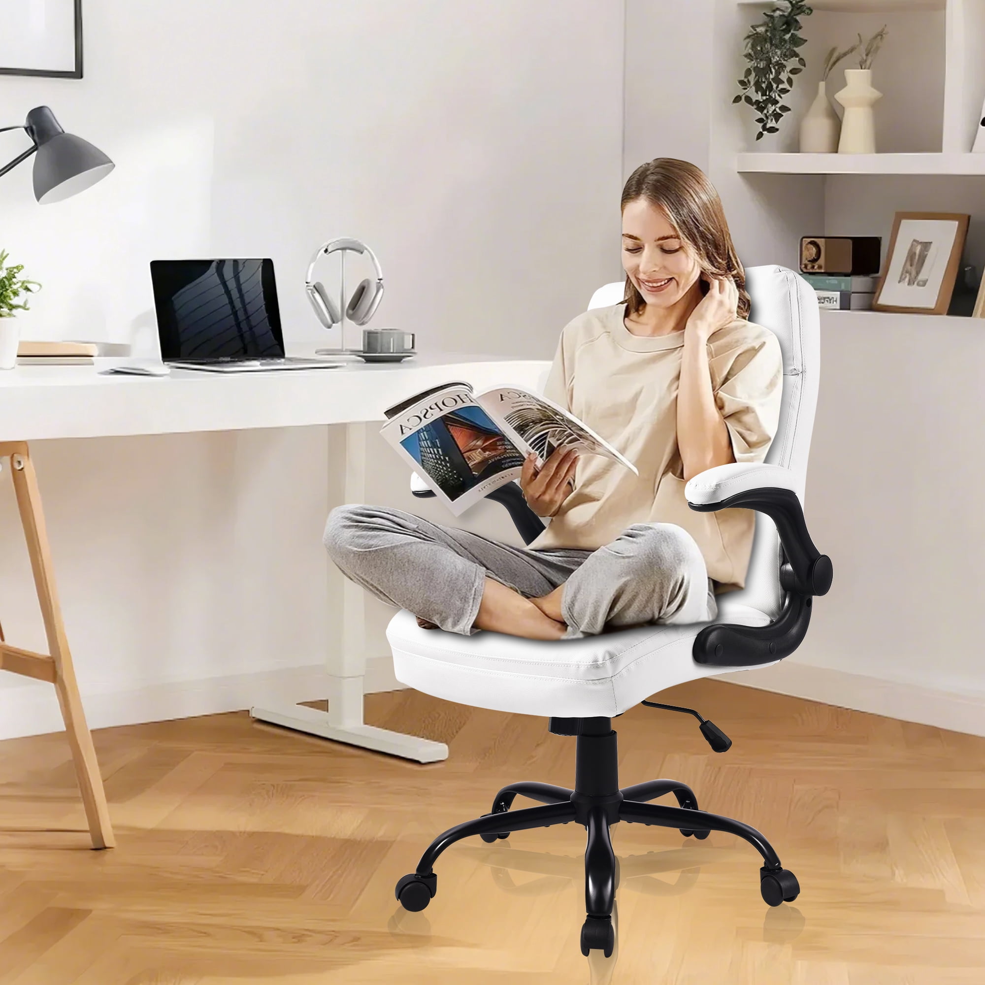 OUTMASTER High Back Leather Executive Office Chair, Ergonomic Desk Chair with Padded Armrests, White