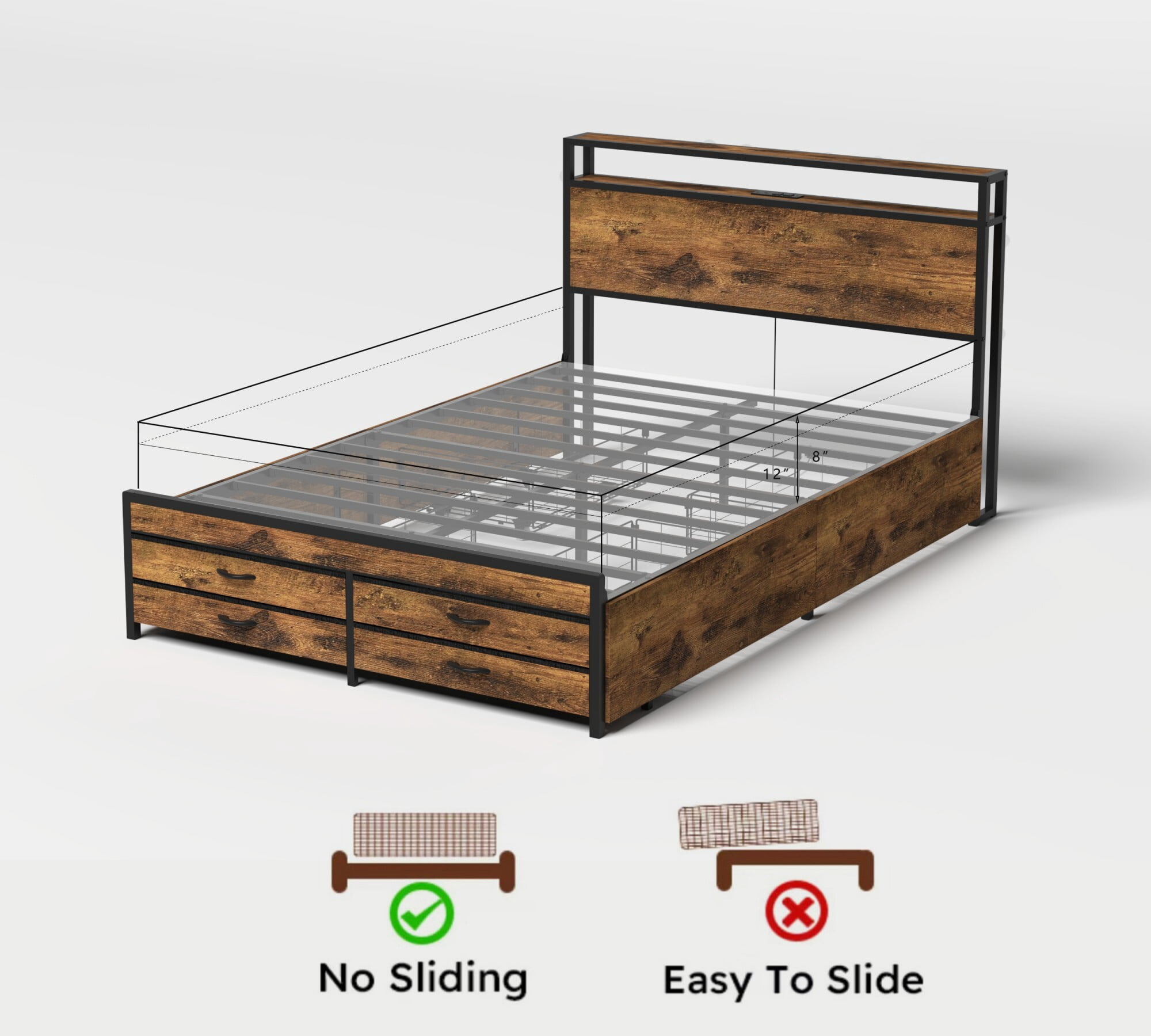 AENKYO Queen Size Bed Frame with 8 Storage Drawers, Headboard with Charging Station and LED Lights, Rustic Brown