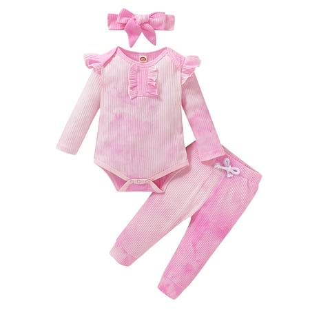 

NZRVAWS Newborn Baby Girls Outfits Long Sleeve Tie-dye Ruffle Sleeve Romper Top+Elastic Tie-dye Pants+Headband 3PCS Outfits Set 0-3 Months Pink