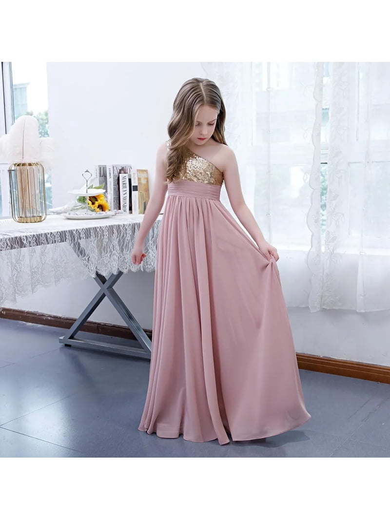 open lace back dress BABARONI One Shoulder Junior Bridesmaid Dresses with Pleated Dusty Blue, Dusty Blue / J4 main image 0