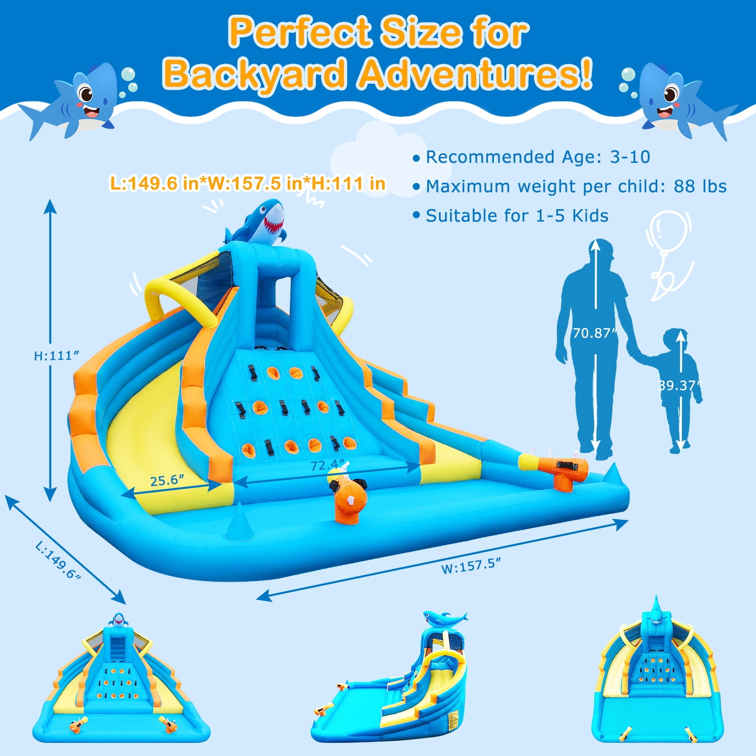 COCOFISH 13FT Shark Inflatable Water Slide for Indoor & Outdoor Use, with Dual Slides, Climbing Wall, Pool, Water Cannon and 680W Blower