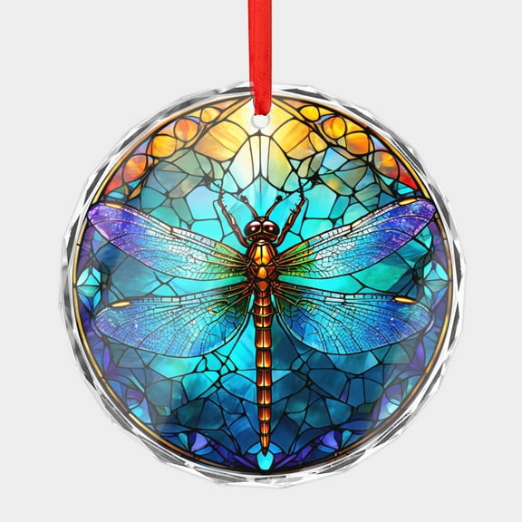 Crystal Glass Christmas Ornament Dragonfly Abstract Blue Stained Glass Style (Flat Design, Not Raised) Dragonflies Holiday Ornaments for Xmas Tree