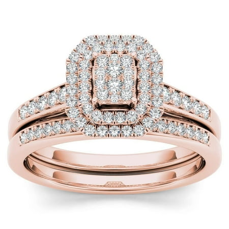 Pink Topaz Cluster - 14k Rose Gold 1/3ct TDW Diamond Cluster Halo Engagement Ring Set - Pink