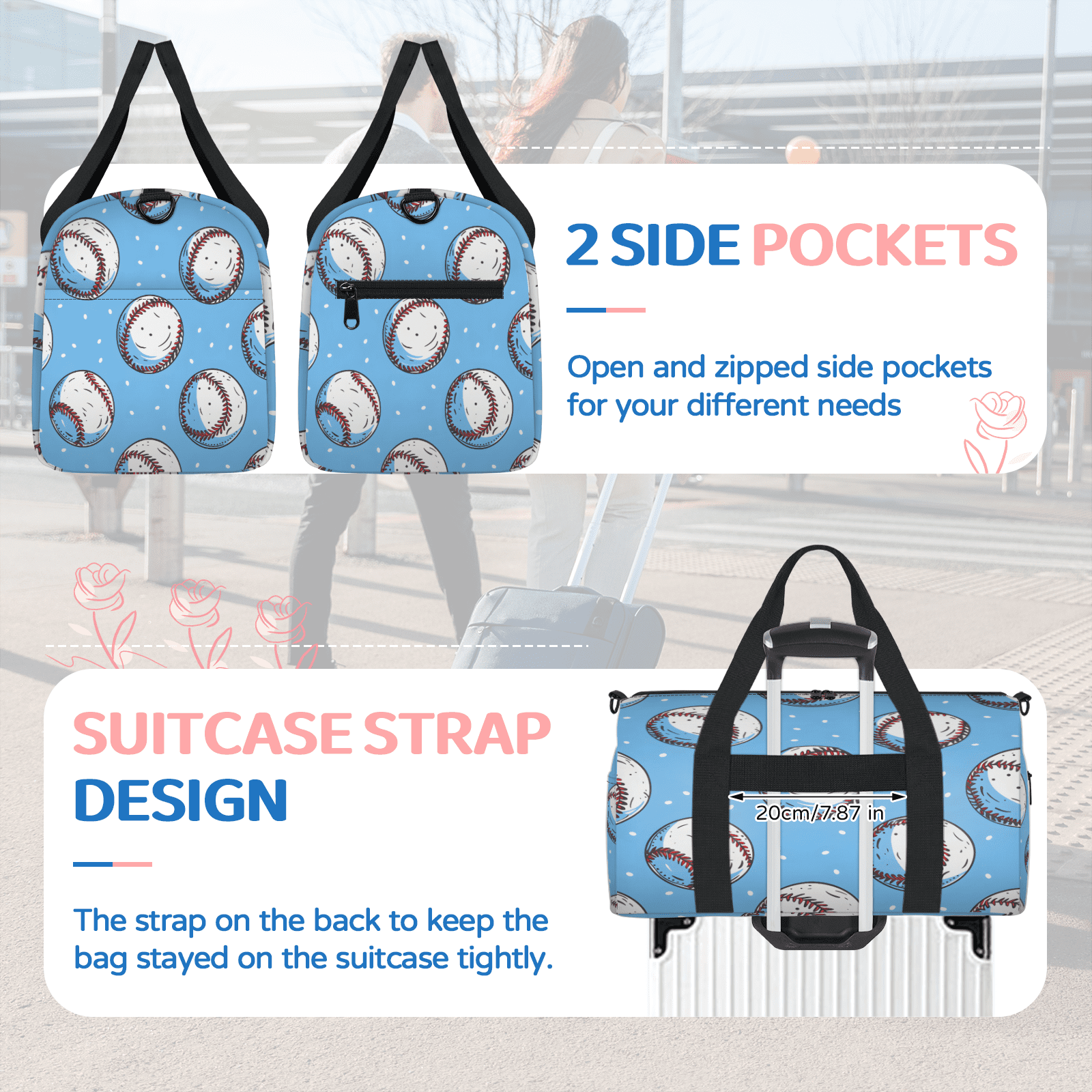 Herdesigns Baseball Sports Travel Duffle Bag Sports Yoga Weekender Overnight Carry on Workout Bags Lightweight Waterproof Gym Tote Bag for Women Cool Ball