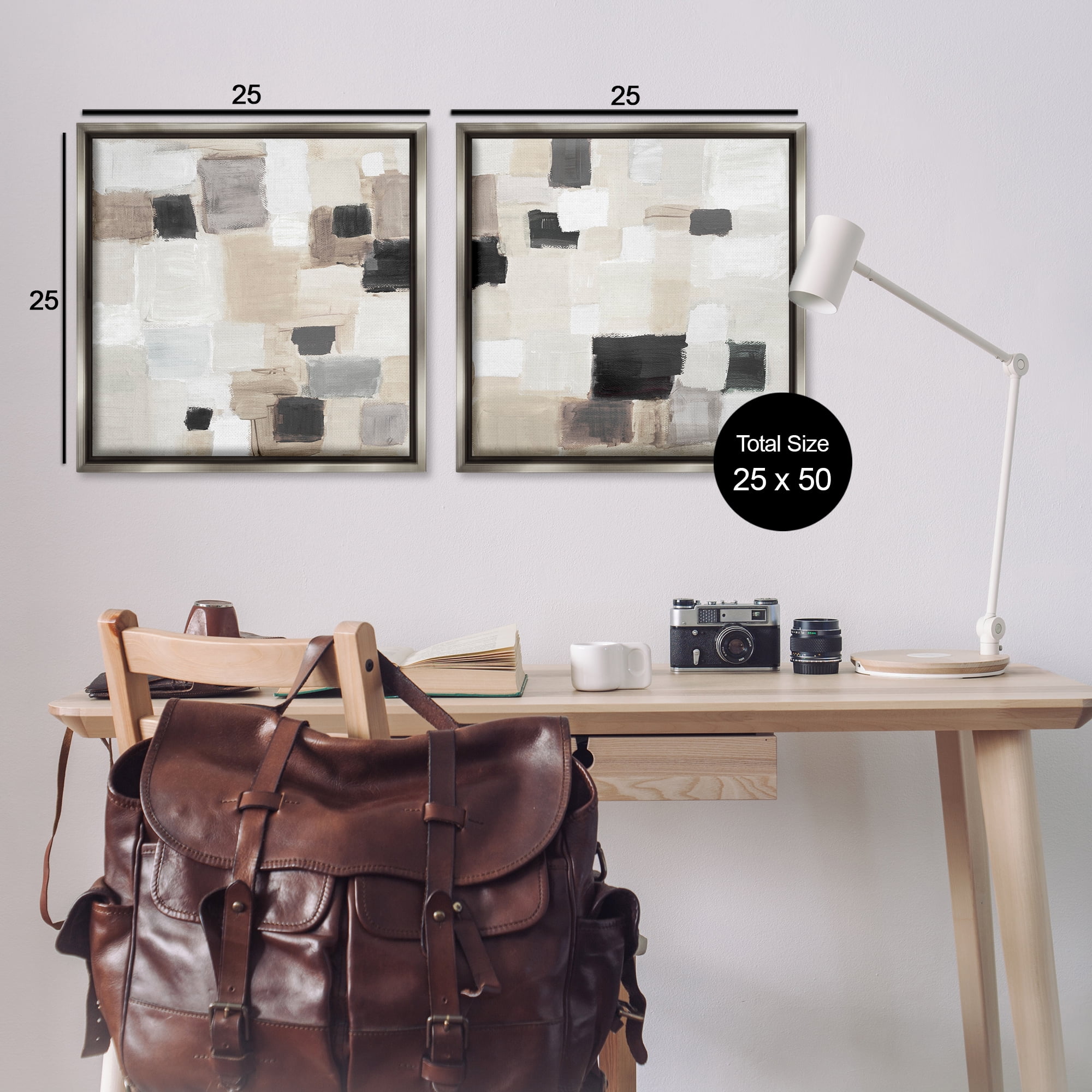 Stupell Industries Neutral Patchwork Squares Abstract Painting Gray Floater Framed Canvas Art Print Wall Art, 25 x 25, Set of 2