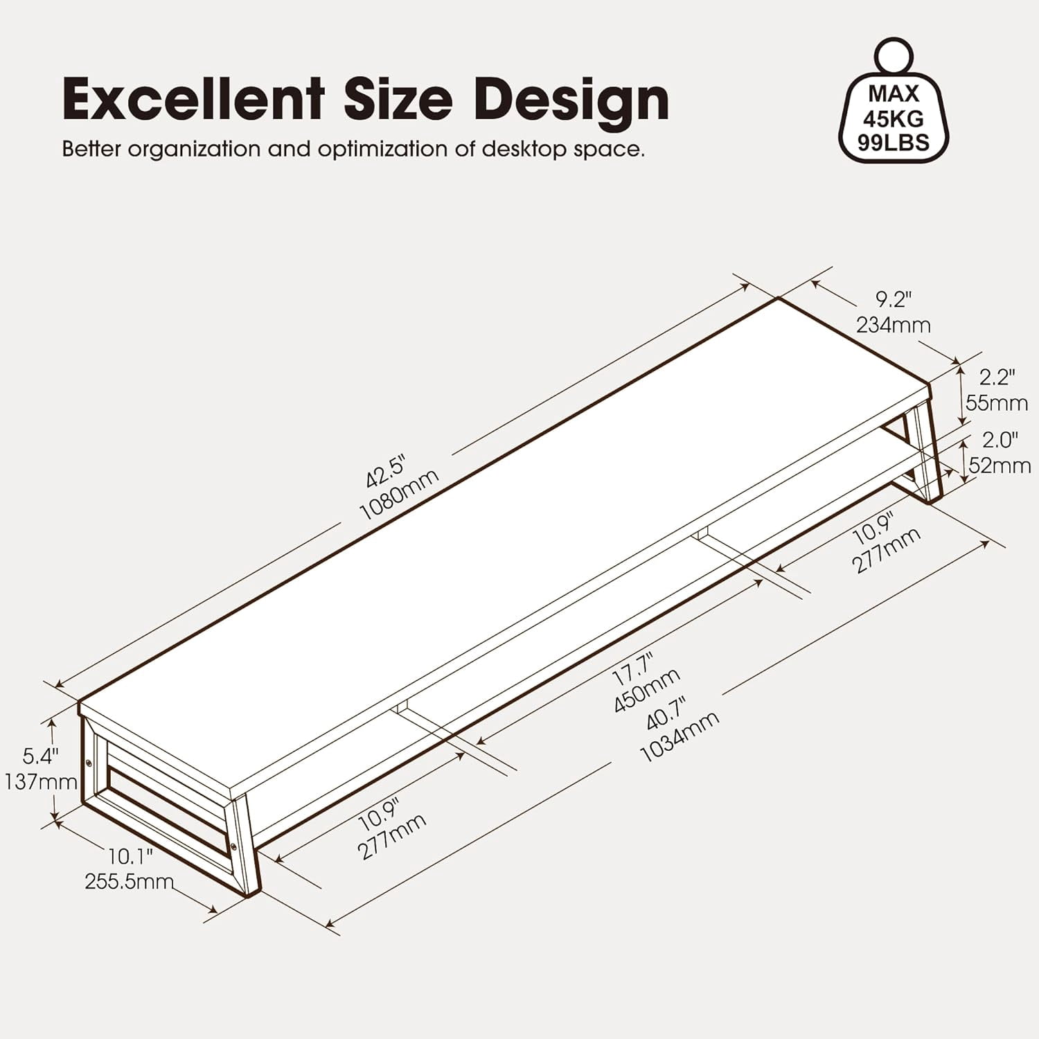 Dual Monitor Stand for Desk, 42.5in Large Monitor Riser for 2 Monitors, 2 Tier Computer Office Desk Top Shelf, Desktop Storage Stand for Laptop, PC, Computer, Printer
