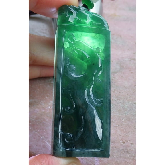 Certified Icy Green Burma 100% Natural A Jade jadeite Pendant Dragon Pi Xiu Bat Ruyui Chop Seal Necklace 670197 TN