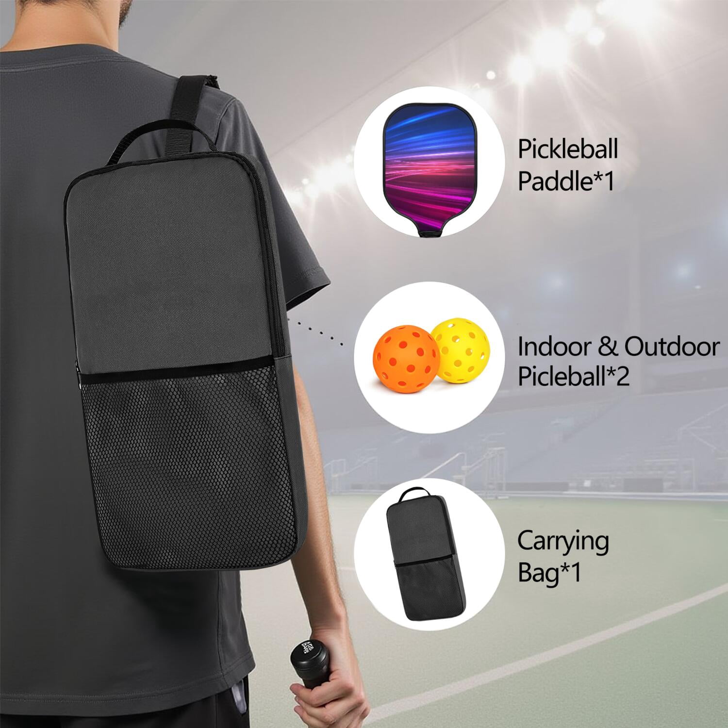 Pickleball Paddles Set Of 1, Fiberglass Surface, Speed, Lightning, Thunder Print, 1 Paddle, 2 Balls & Bag
