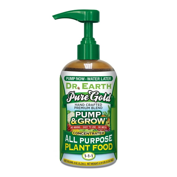 Dr. Earth Pure Gold Pump & Grow All Purpose Plant Food, 1-1-1 Fertilizer, 8 oz.
