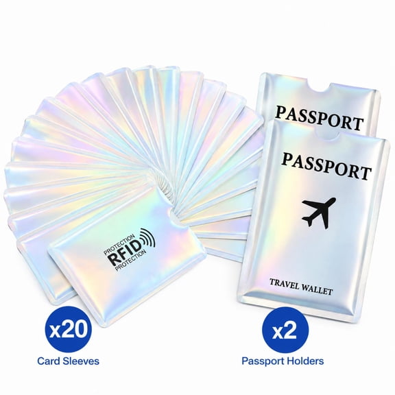 RFID Blocking Sleeves Travel Set, 20 Pack Credit Card Protectors 2 Passport RFID Holders, Identity Theft Protection, Laser Silver