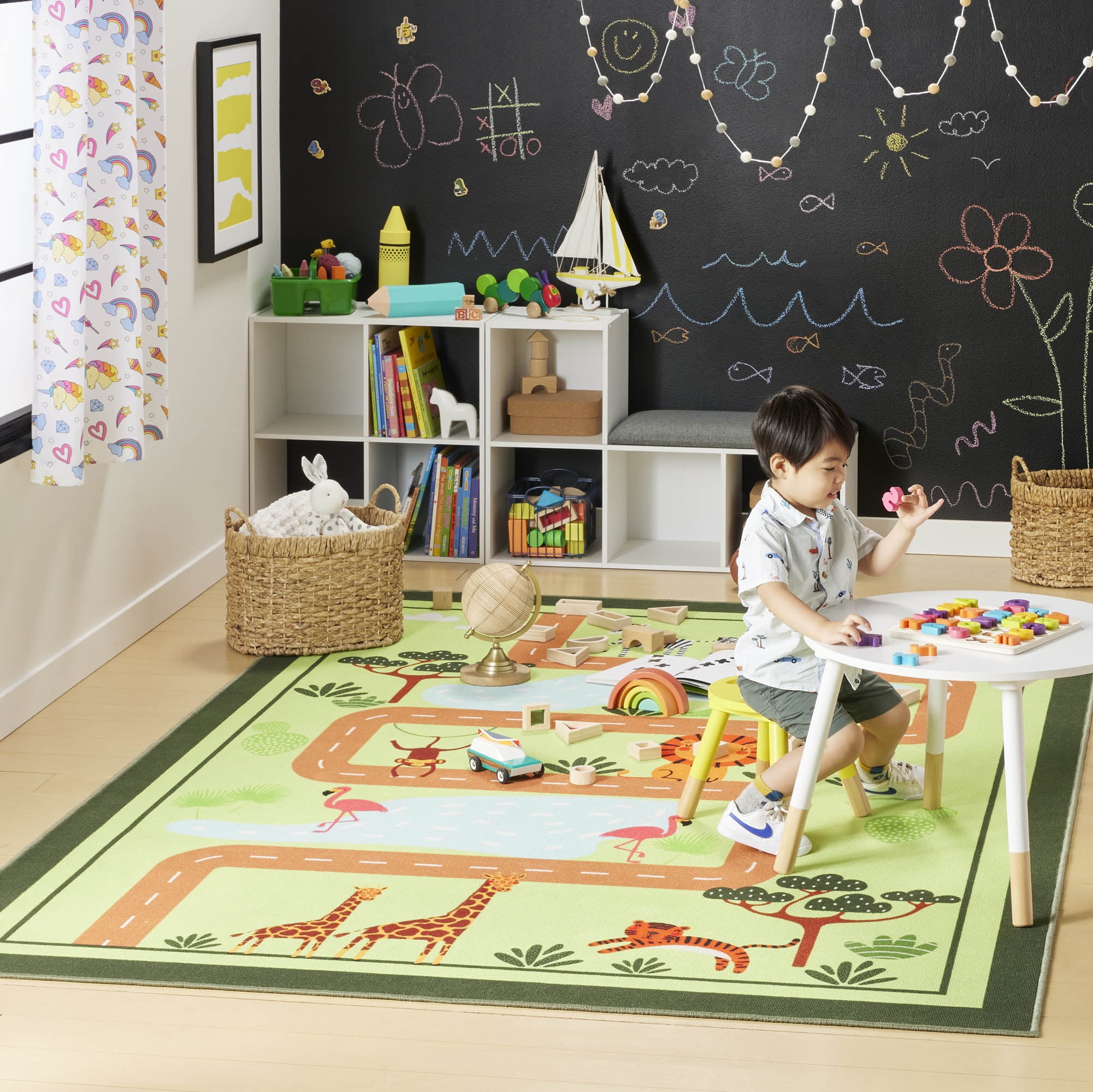 Everwash™ Imagine Jungle Road Kids Machine Washable Area Rug, Green/Yellow, 4'x6'