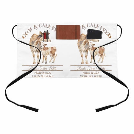 Cow and Calf Feed Kitchen Restaurant Half Waist Apron, Rustic Farm Mills Brown Animals Farmhouse Server Short Apron with 3 Pockets Waterproof Oil Waist Aprons for Women Waitress Waiter