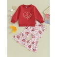 thumbnail image 2 of FEORJGP Toddler Valentine Outfit Kids Little Girl Long Sleeve Sweatshirt Round Neck Pullover Heart Print Tops + Elastic Waist Flare Pants Infant Baby Loose Casual Cute 2 Pieces Set, 2 of 9