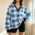 thumbnail image 4 of Manzbdm Women's Fleece Plaid Sweatshirt Long Sleeve V Neck Fuzzy Pullover Top, 4 of 8