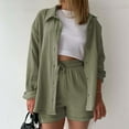 thumbnail image 4 of Short Sets for Women Long Sleeve Button Down Collared Shirt and High Waisted Shorts 2 Piece Matching Set Beach Vacation Set, 4 of 5