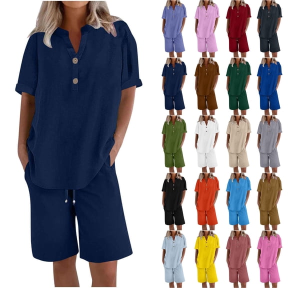 2 Peice Short Sets for Women Short Sleeve Cotton Linen Shirts Matching Wide Leg Shorts Comfy Breathable Summer Outfits, L