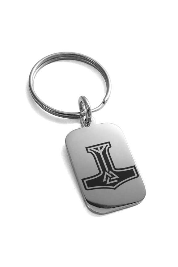 Stainless Steel Valknut Mjolnir Thor's Hammer Engraved Small Rectangle Dog Tag Charm Keychain Keyring