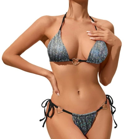 Blphud Bikini Sets Bikini Women Swimwear Sexy Bikini Set Fashion Beach Seaside Swimming Shiny Three Point Bikini Split Swimsuit Neon Bikini Top plus Size Black S