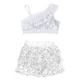 thumbnail image 3 of TiaoBug Kids Girls Gymnastic Dance Outfits Sequins Asymmetrical Shoulder Ruffle Crop Top with Skirted Shorts Set Silver 10, 3 of 5