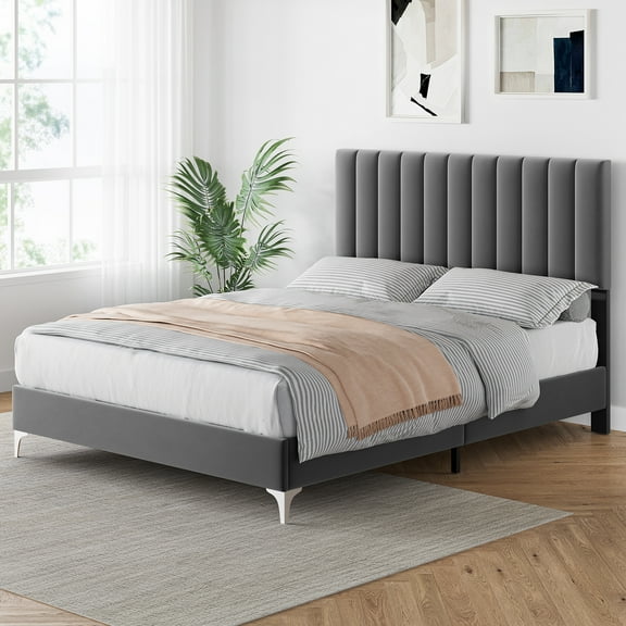 Full/Queen Size Bed Frame with Headboard, Velvet Upholstered Platform Bed Frame with Adjustable Headboard and Wooden Slats Support, No Box Spring Needed, Easy Assembly, Gray