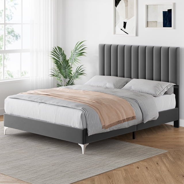 Tookss Queen Bed Frame Modern Velvet Upholstered 11 Inch Bed Frame with Headboard No Box Spring Needed Grey