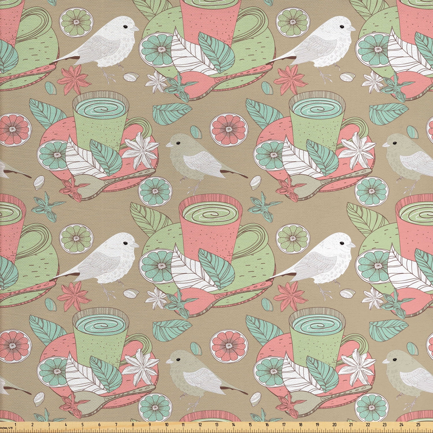 Natural Fabric by the Yard, Tea Cups with Birds Flowers Lemon Slices