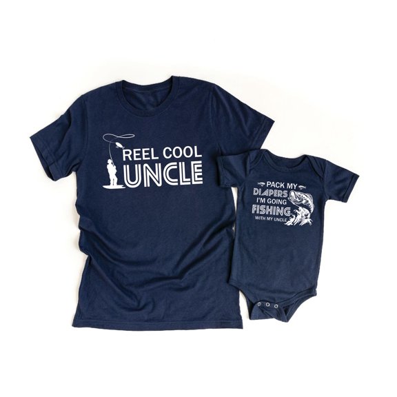 Reel Cool Uncle Men's T-Shirt Fish Graphic Tee Pack My Diapers I'm Going Fishing With My Uncle Baby Bodysuit Kids Youth Toddler Shirt