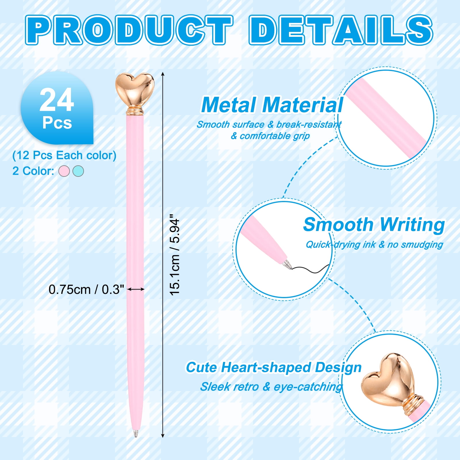 Uxcell Heart Pens 1.0 mm Black Ink, 24 Pcs Metal Cute Pens Heart Ballpoint Retractable for Women Wedding Office Party, Pink/Candy Blue/Rose Gold